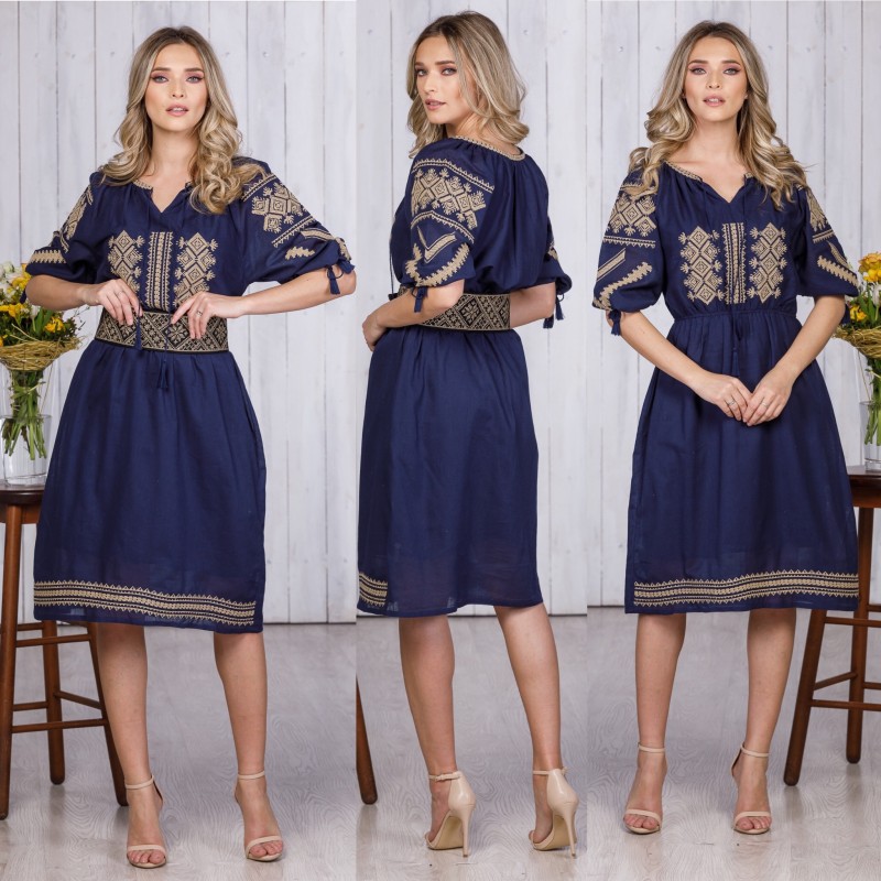 Rochie Traditionala bleumarin Brodata - Ramona