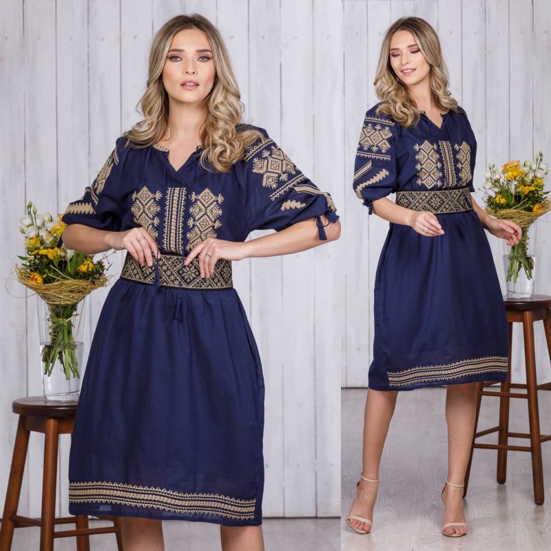 Rochie Traditionala bleumarin Brodata - Ramona