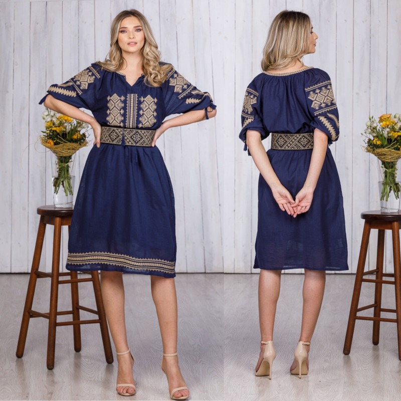 Rochie Traditionala bleumarin Brodata - Ramona