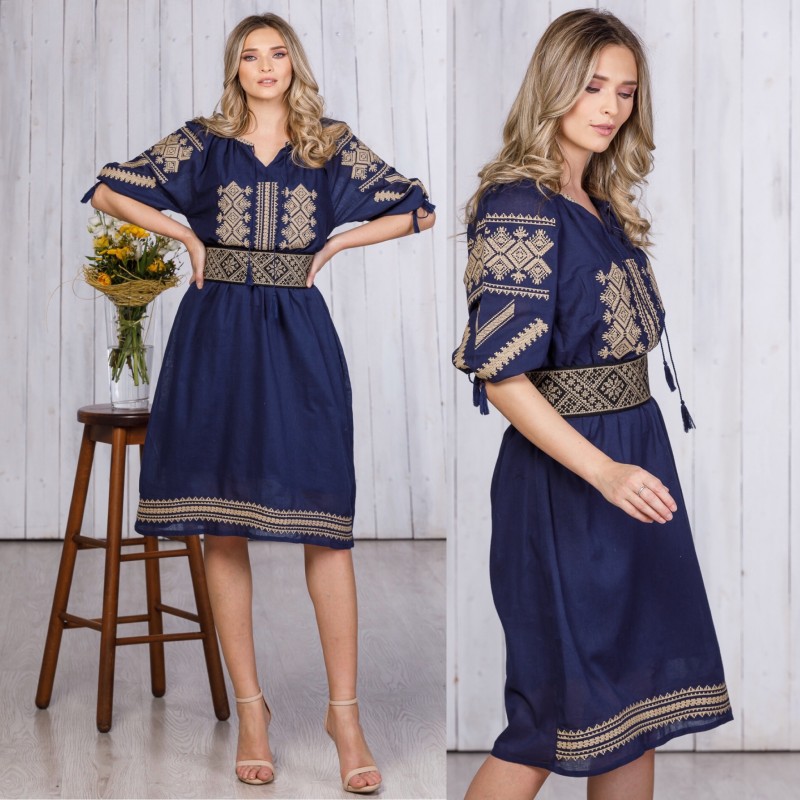 Rochie Traditionala bleumarin Brodata - Ramona