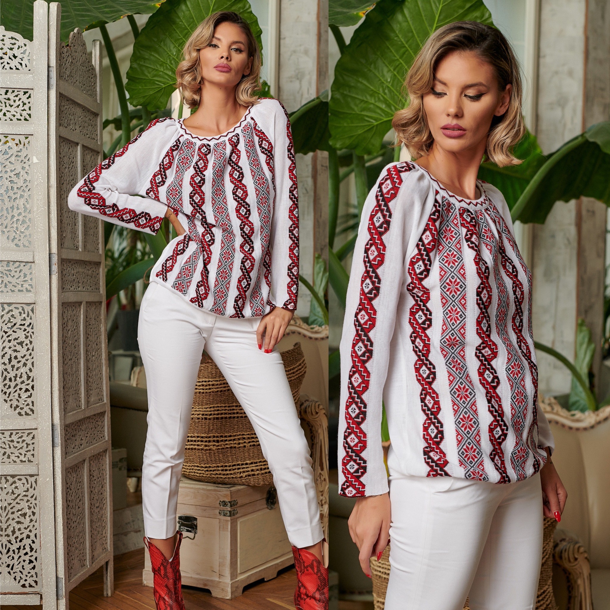 Bluza din tricot cu model stilizat traditional - Amanda alba