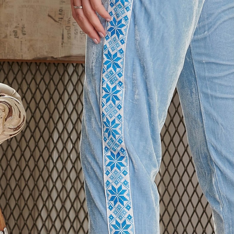 Pantaloni bleu din catifea cu banda traditionala - 01