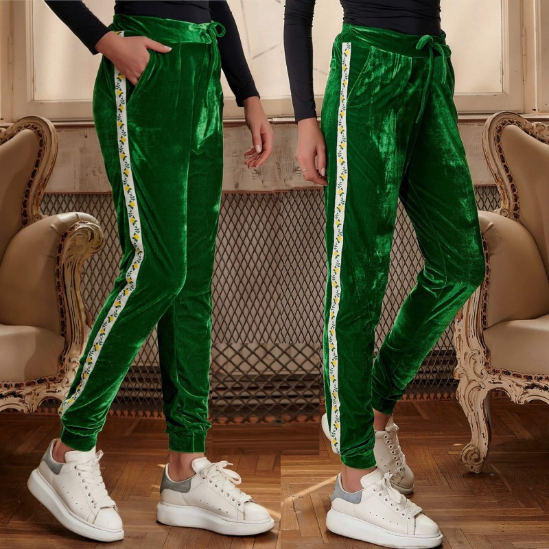 Pantaloni verzi din catifea cu banda florala