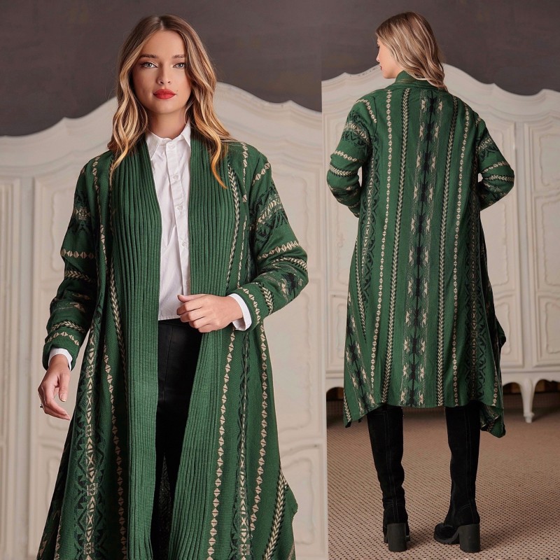 Cardigan Traditional lung din tricot verde - Clara  01