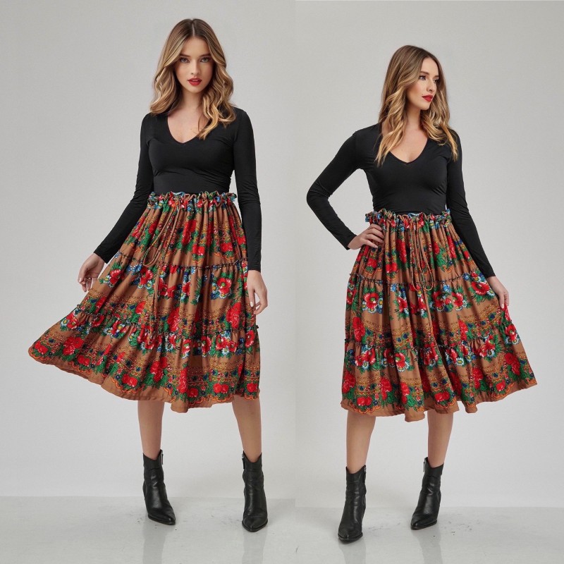Fusta bej cu print maramuresean - Livia 01