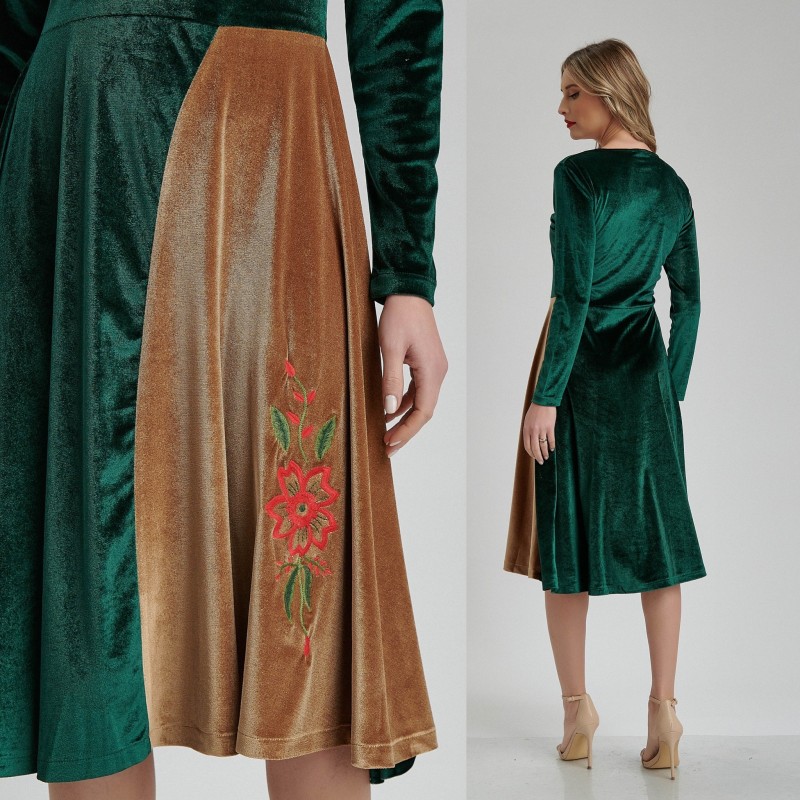 Rochie din catifea verde cu broderie florala - Valeria