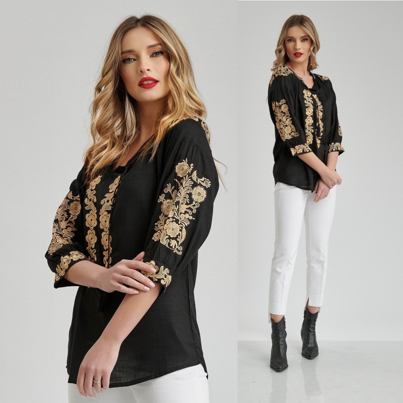 Bluza brodata neagra cu flori aurii - Lavinia 05