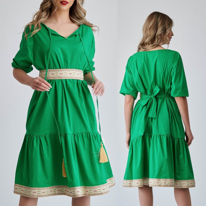 Rochie verde cu cordon si banda tesuta - Irina