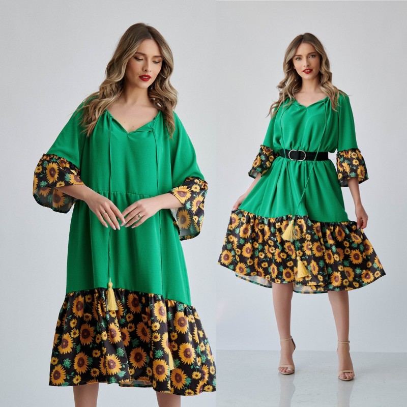 Rochie verde midi cu ciucuri - Floarea Soarelui