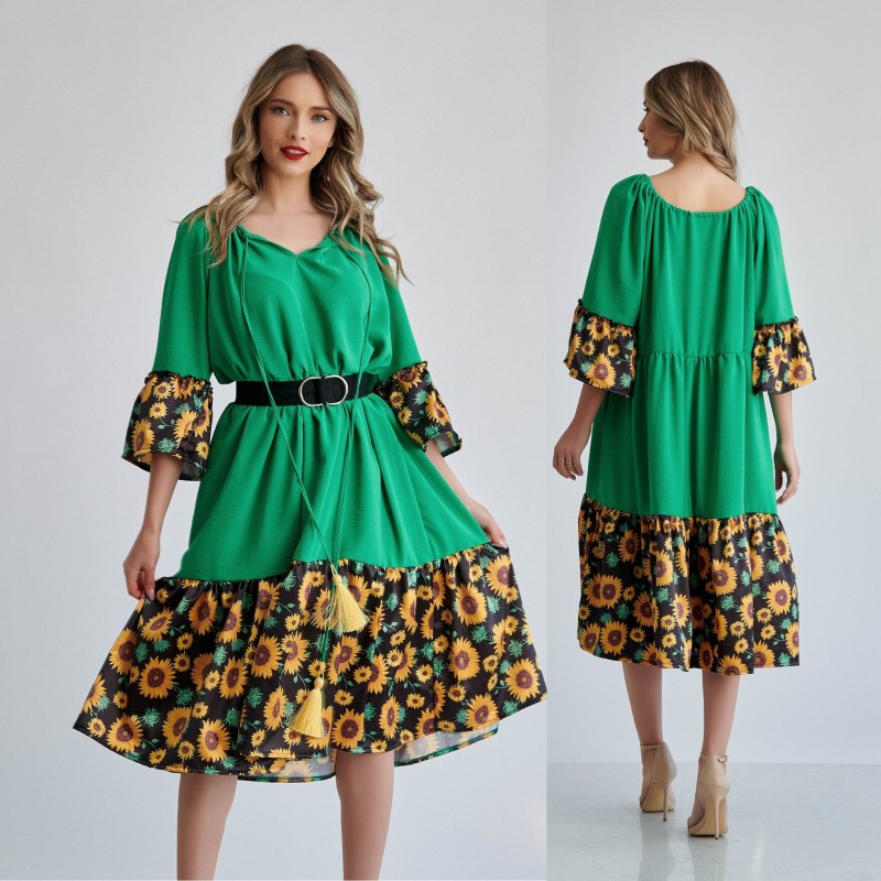 Rochie verde midi cu ciucuri - Floarea Soarelui