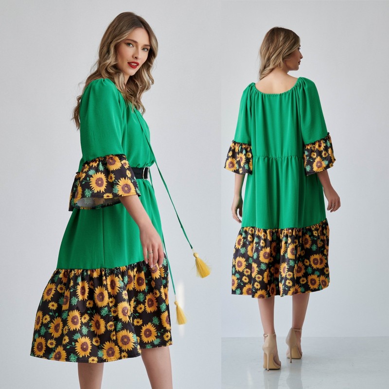 Rochie verde midi cu ciucuri - Floarea Soarelui