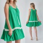 Rochie verde cu croi lejer si volan accesorizat cu perle - Sandra