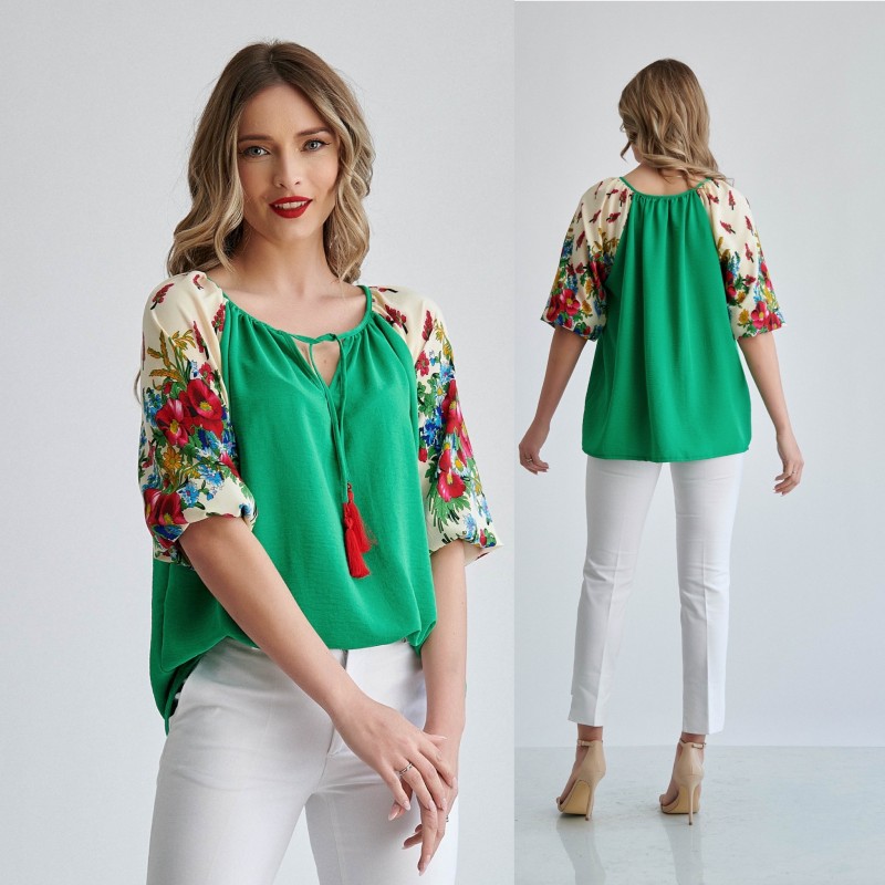 Bluza verde cu ciucuri si imprimeu floral - Florentina