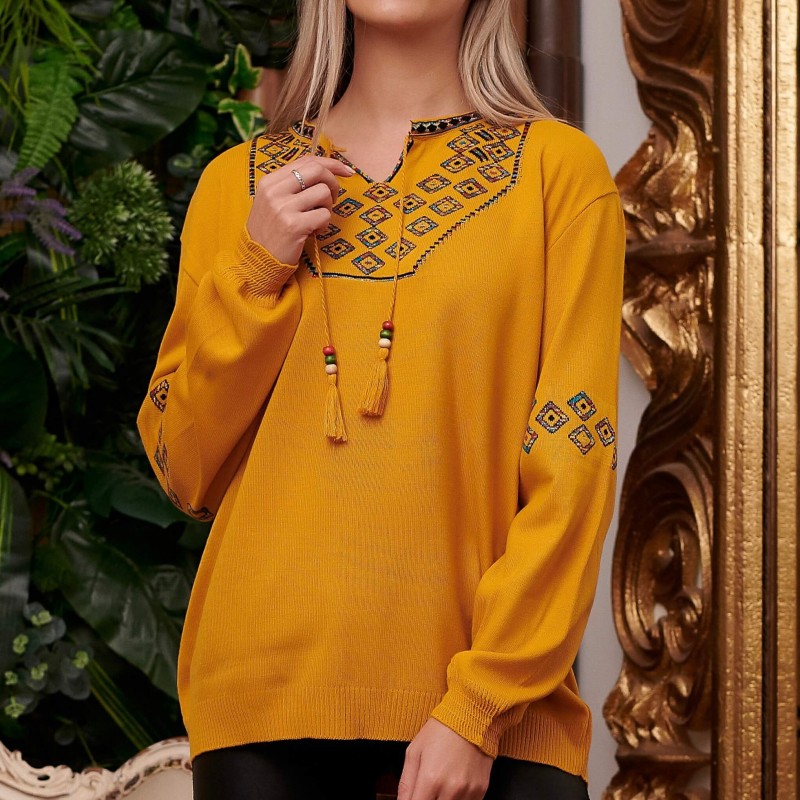 Bluza din tricot galbena model stilizat traditional - Ema 04