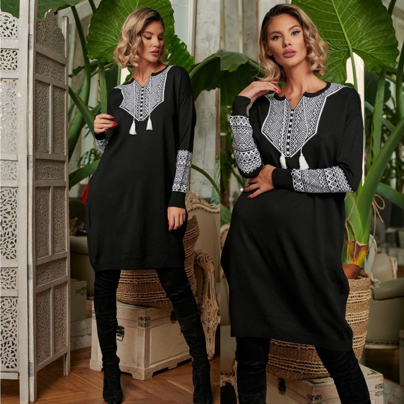 Rochie din tricot cu model traditional - neagra