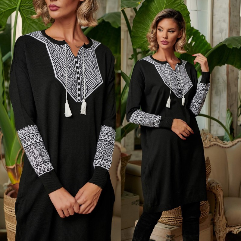 Rochie din tricot cu model traditional - neagra