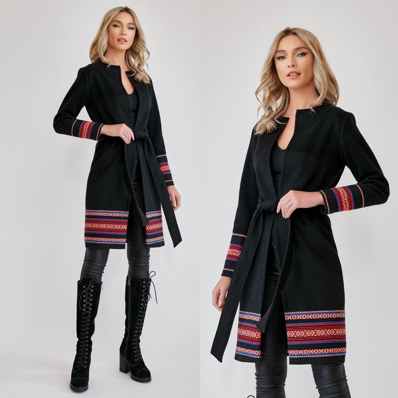 Palton negru cu model traditional tesut - Elena 01 - 