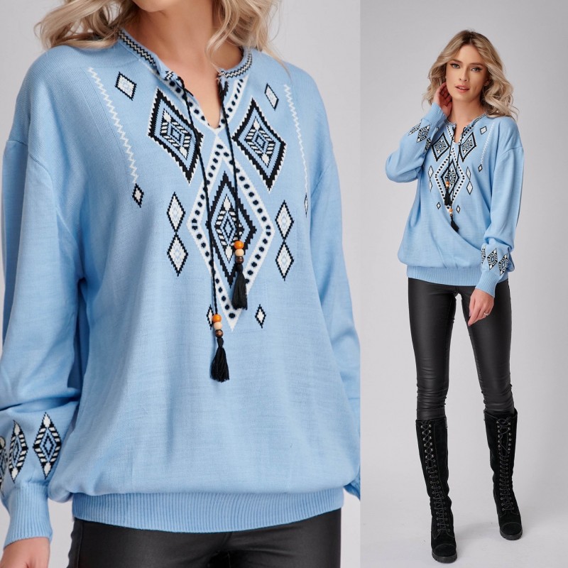 Pulover National din tricot cu model stilizat traditional - Ramona bleu 01 - 