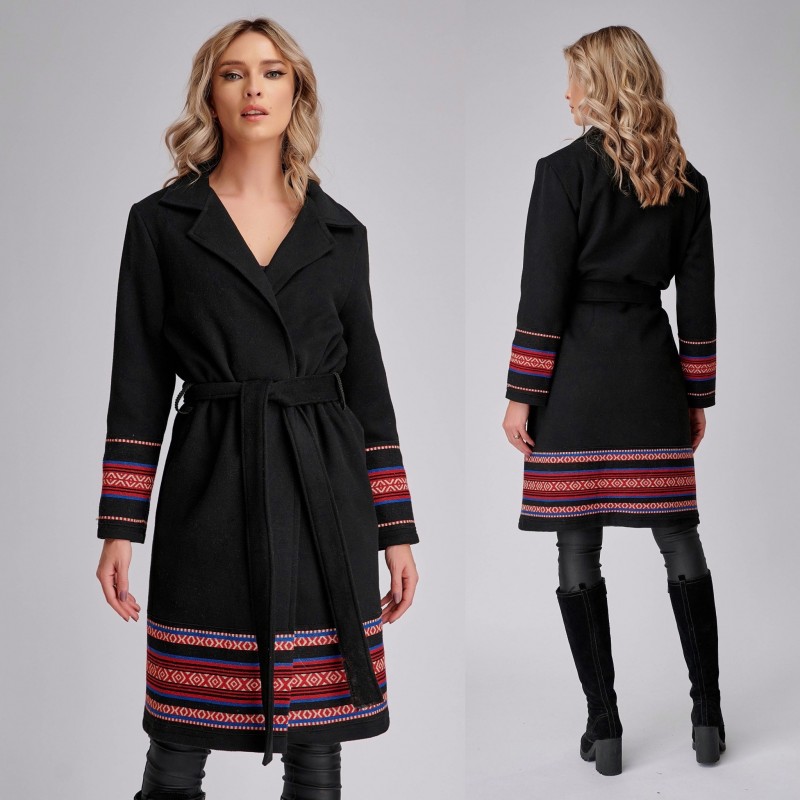 Palton National negru cu model traditional tesut - Elena 03 - 