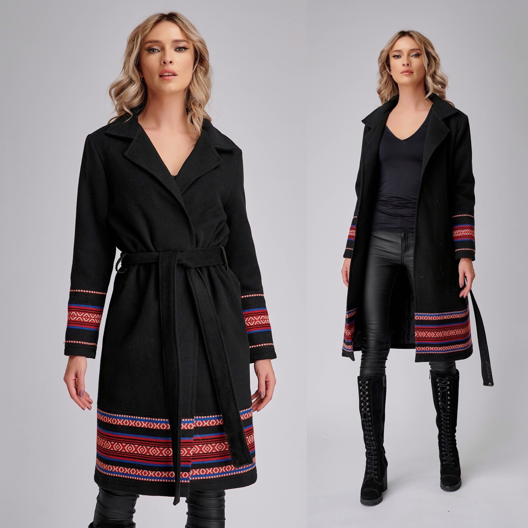 Palton National negru cu model traditional tesut
