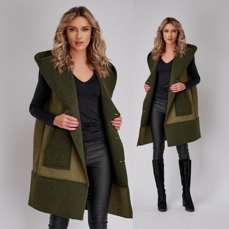 Vesta - Cojoc kaki cu buzunare si gluga - Sanda 01