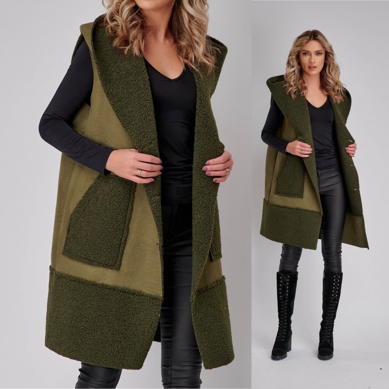 Vesta cojocel kaki cu gluga si buzunare - Sanda 01 - 