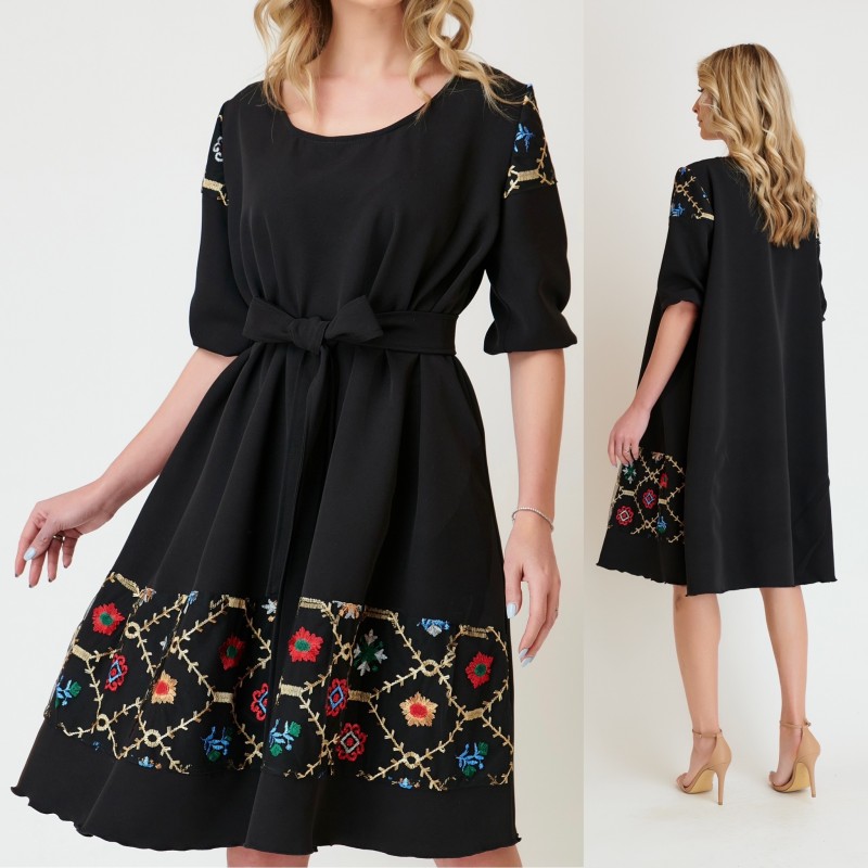 Rochie neagra cu dantela brodata si cordon - Elisabeta 02 -