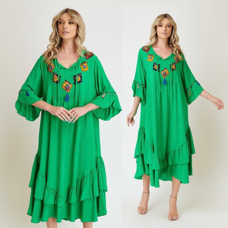 Rochie brodata verde cu volane - Alina