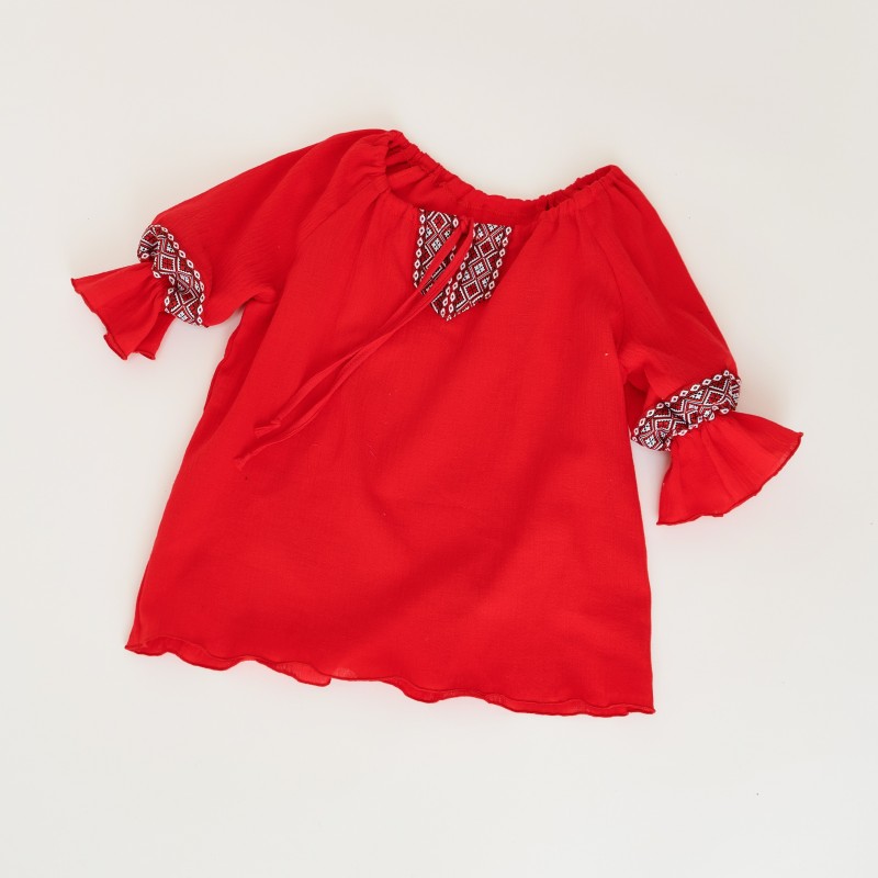 Bluza Nationala rosie din panza topita cu maneci evazate - Cornelia pentru fetite - 