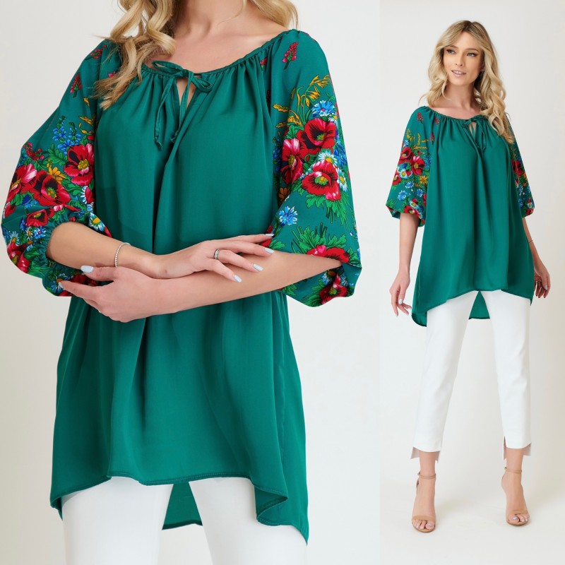 Bluza verde cu ciucuri si imprimeu floral - Florentina 02 -