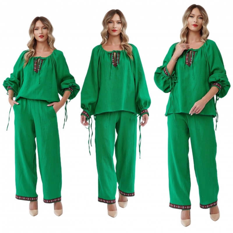 Compleu Traditional verde - IE Nationala si Pantaloni din panza topita cu banda tesuta - Carmen 01
