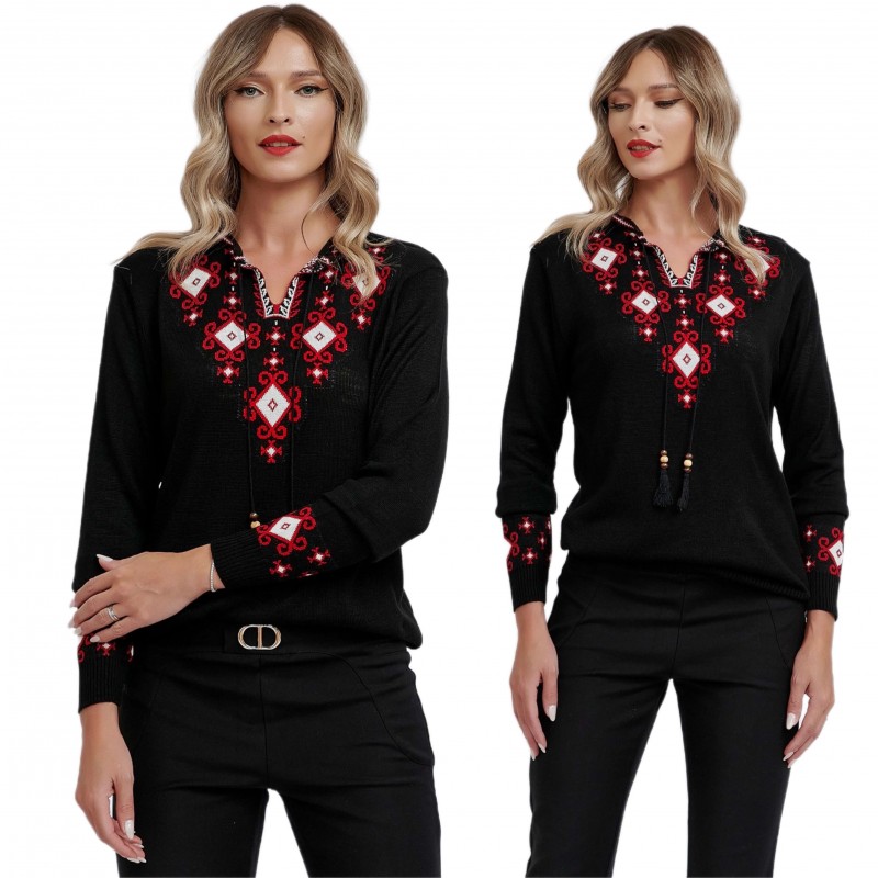 Pulover National din tricot cu model stilizat traditional - Carmen negru 02