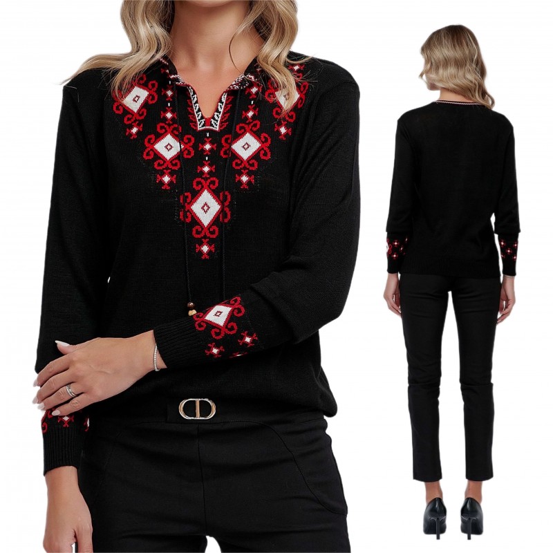 Pulover National din tricot cu model stilizat traditional - Carmen negru 02