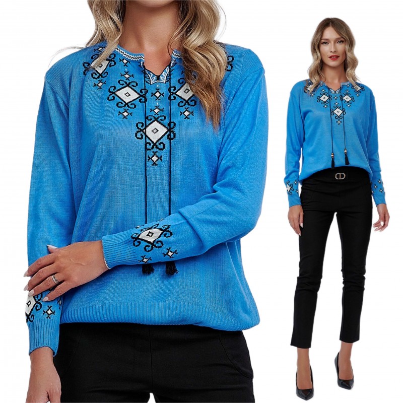 Pulover National din tricot cu model stilizat traditional - Carmen albastru 03