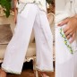 Pantaloni albi din panza topita cu banda florala tesuta - 01