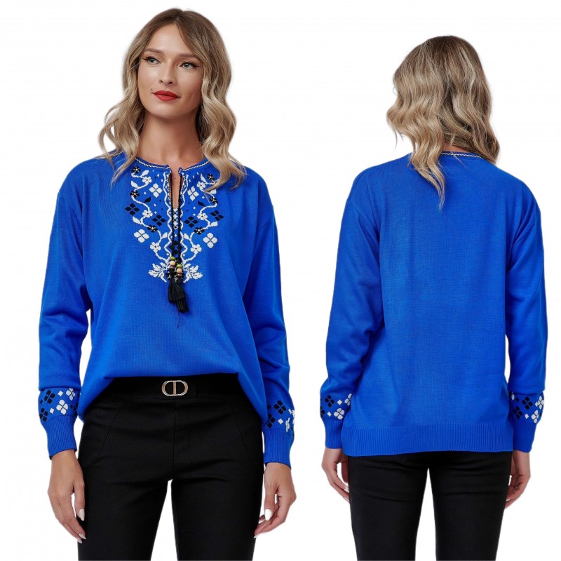 Pulover National din tricot cu model stilizat traditional - Lora albastru