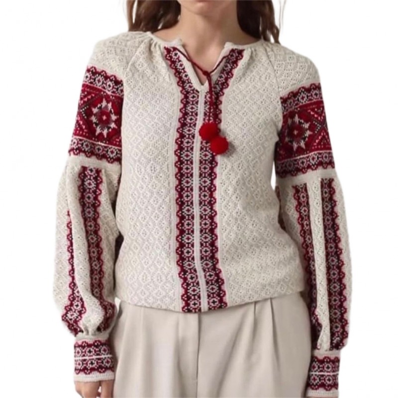 Bluza Nationala crem din tricot cu model traditional - Flavia