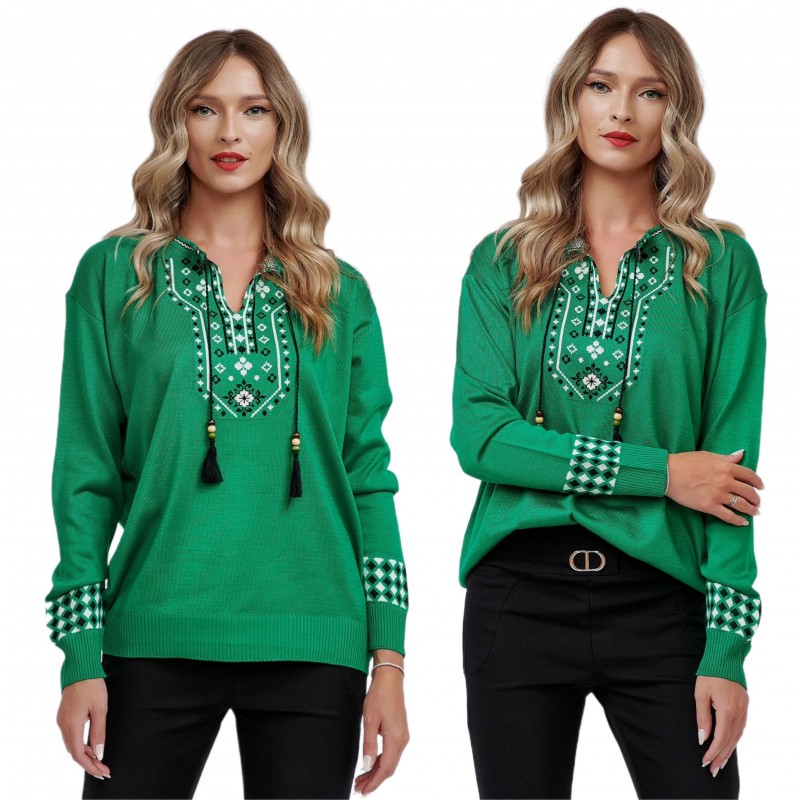 Pulover National din tricot cu model stilizat traditional - Maia verde 06