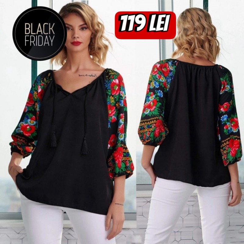 Bluza neagra cu imprimeu floral pe maneci - Florentina negru 07