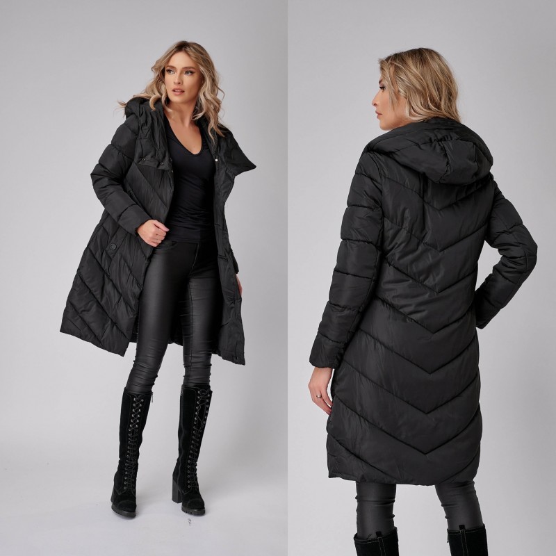 Geaca negra groasa, lunga cu buzunare si gluga - Nadia 04 -