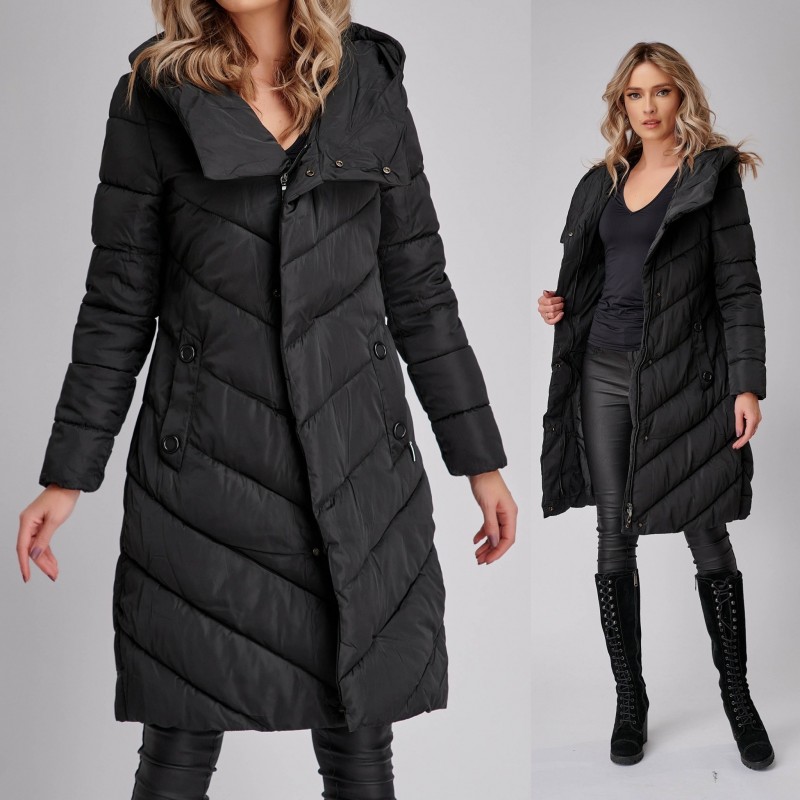 Geaca neagra groasa, lunga cu buzunare si gluga - Nadia 04