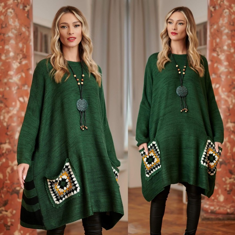 Rochie din tricot de lana verde, croi oversize cu buzunare si model crosetat - Elena