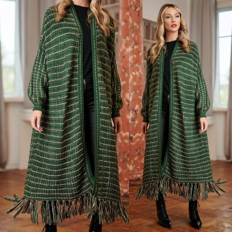 Cardigan lung din lana cu croi oversize si ciucuri - Antonia verde 02