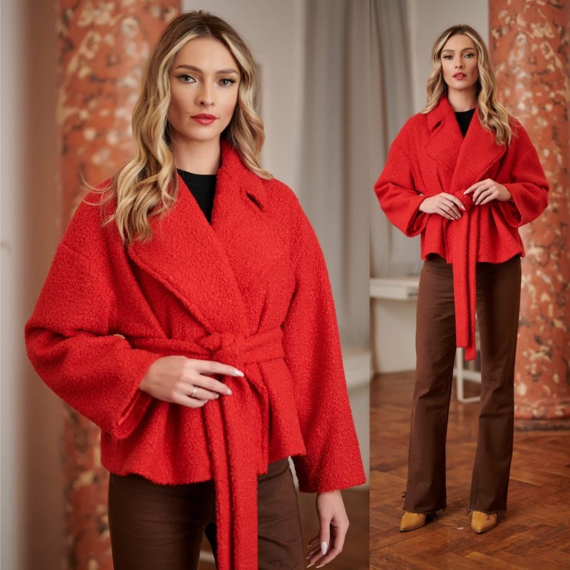 Palton rosu, oversize, scurt din stofa bucle cu cordon - Daria