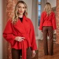 Palton rosu, oversize, scurt din stofa bucle cu cordon - Daria