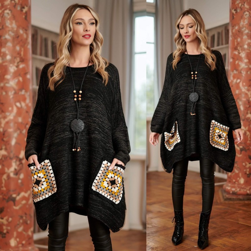 Rochie oversize din tricot negru cu buzunare si model crosetat - Elena