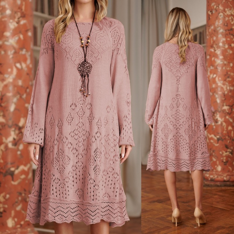 Rochie din amestec de lana cu dantela crosetata - Nicolle roz