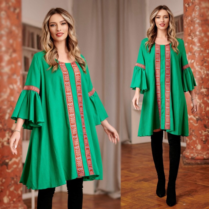 Rochie verde din in cu motive traditionale tesute - Eva 01