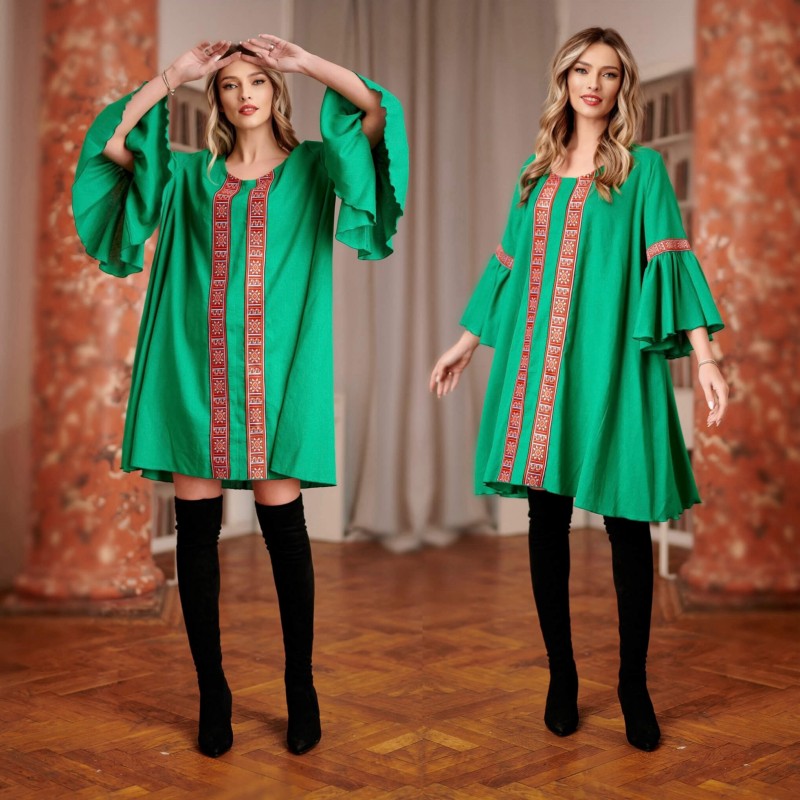 Rochie verde din in cu motive traditionale tesute - Eva 01