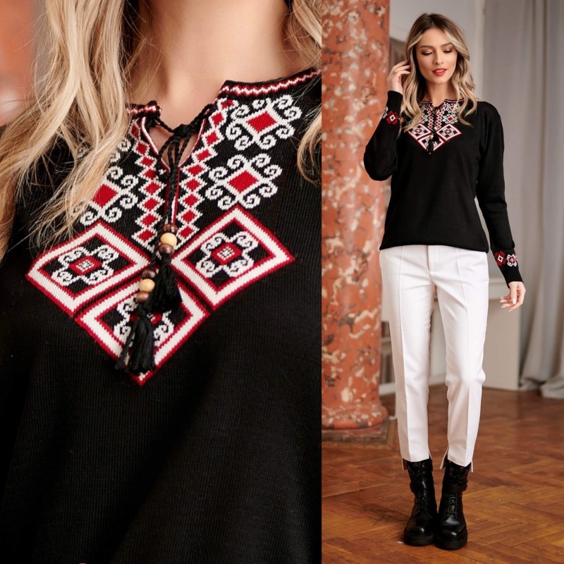 Pulover National din tricot cu model geometric - Carla negru 02